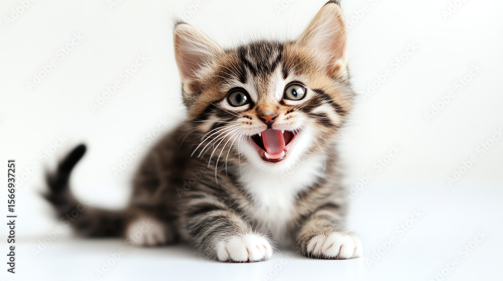 Happy kitten with raised tail and open mouth, joyful expression, clean white setting Happy kitten with raised tail and open mouth, joyful expression, clean white setting