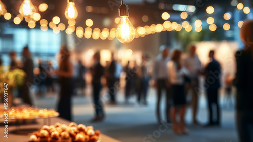  Blurred background of a business event with people walking around and having cakes,