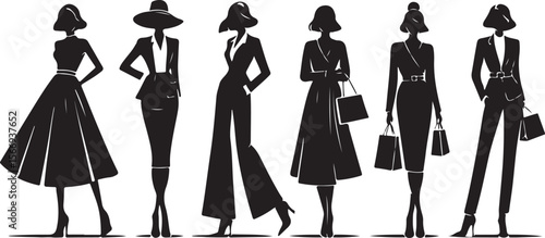 Elegant women in fashionable attire silhouettes clothing