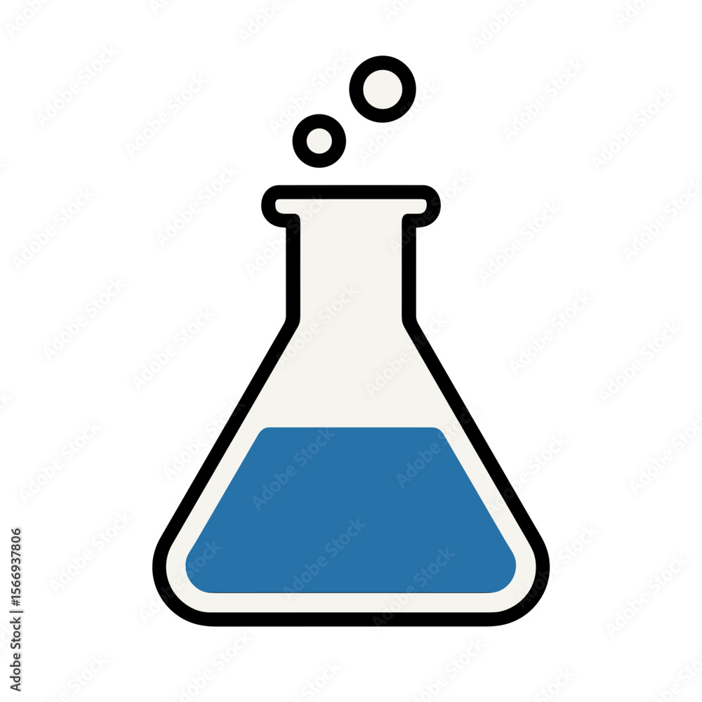 A graphic illustration of a laboratory flask with a blue liquid inside, the illustration shows a scientific process and medical test. A graphic illustration of a laboratory flask with a blue liquid inside, the illustration shows a scientific process and medical test.