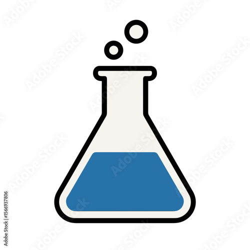 A graphic illustration of a laboratory flask with a blue liquid inside, the illustration shows a scientific process and medical test.