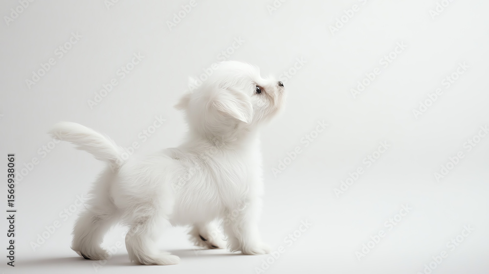 Fototapeta premium Puppy playbowing with raised tail, invitation to play, clean white