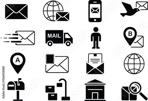 Flat Icons Representing Various Postal and Email Services