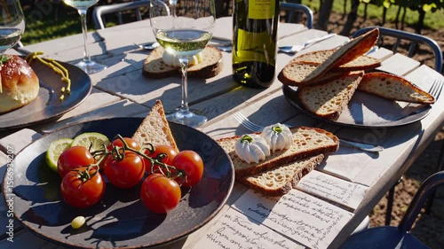 Elegant brunch table setting amidst a napa valley vineyard, featuring fresh tomatoes, toasted bread, cheese, white wine, and a handwritten menu, creating a serene and inviting ambiance