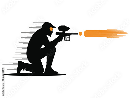 Silhouette of a paintball player in action firing a paintball gun with orange projectile