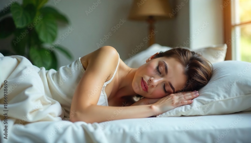 Obraz premium Peaceful Sleep A Person Relaxing Supine on a Comfortable Surface, Ideal for Wellness, Rest, and Sleep Content