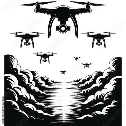 Black and white vector illustration of sleek drones patrolling sky in symmetrical formation above clouds on clean white background