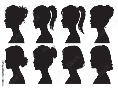 Collection of eight diverse female silhouette hairstyles in profile view