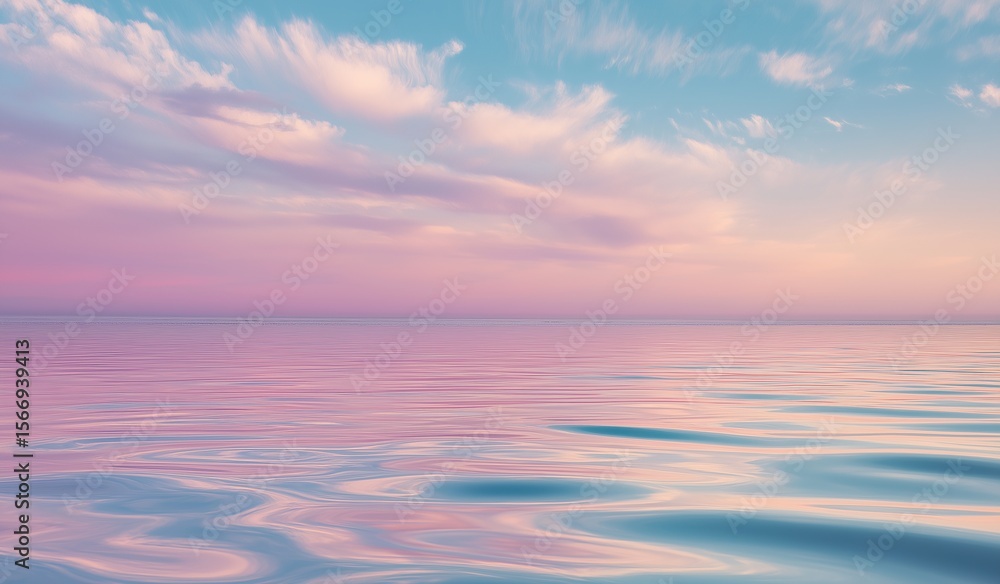 Obraz premium A tranquil digital illustration of a serene ocean horizon with pastel pink and blue sky, gentle ripples on calm waters, and soft clouds blending into smooth gradients for a dreamy and peaceful