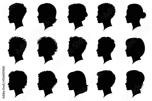 Collection of fifteen black silhouette profiles of girls and women with various hairstyles and hair lengths