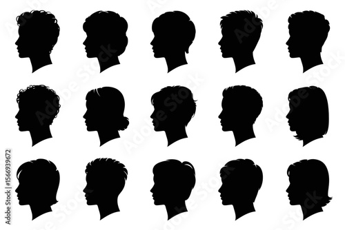 Collection of fifteen black silhouette profiles of girls and women with various hairstyles and hair lengths