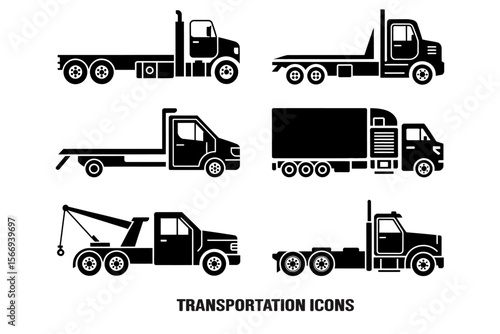  black and white truck icons in a grid pattern showing different truck styles 