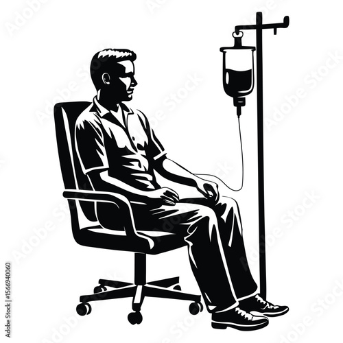 Man receiving intravenous therapy sitting chair