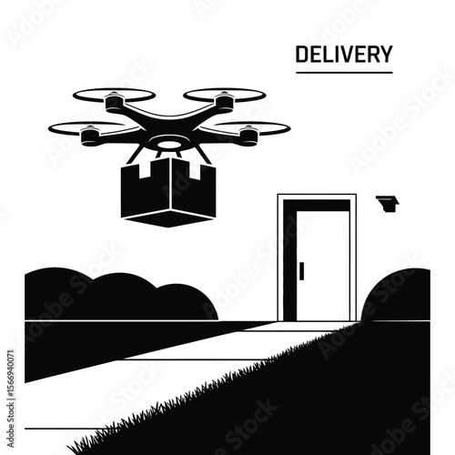 Minimalist vector illustration of sleek drone delivering package to suburban front door with DELIVERY text on black and white gradient