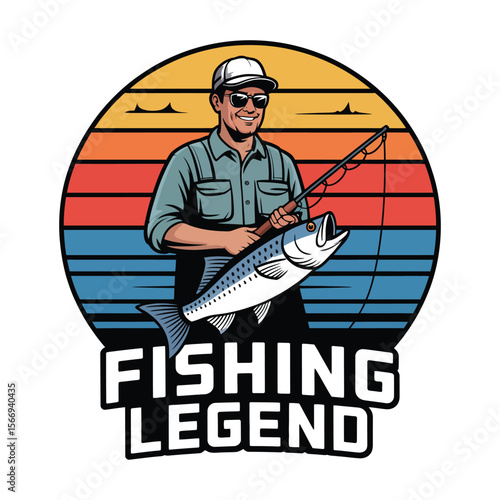 Retro-style t-shirt design featuring fisherman trophy icon with “Fishing Legend” text on isolated black and white background