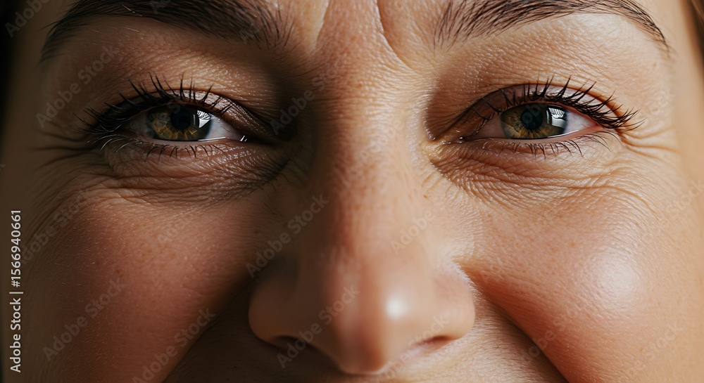 Fototapeta premium An ultra-realistic, tight close-up on the eyes of a person laughing heartily. The focus is on the crinkles around the eyes, conveying pure joy and happiness.