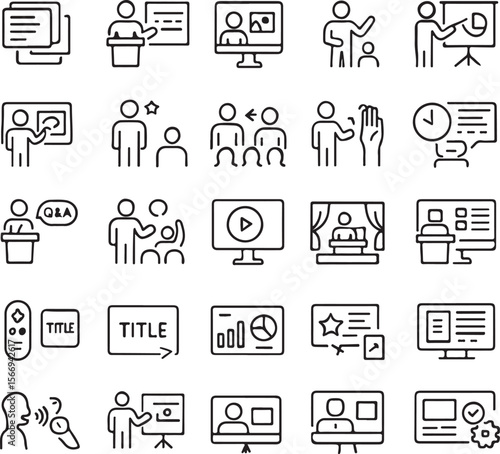 Collection of outline icons representing presentations public speaking audience interaction and digital media concepts for business and education