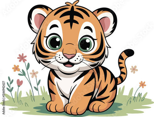A cute baby tiger character with orange stripes smiles in a jungle illustration