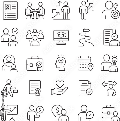 Collection of business and career development icons including resume interview promotion goal setting teamwork online education career path performance review and idea generation