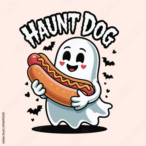 A cartoon ghost holding a hotdog with pumpkins and bats halloween art