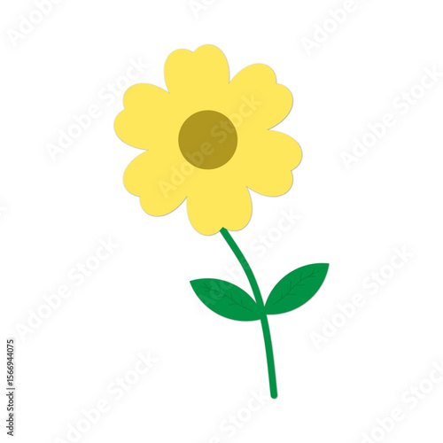 Simple yellow flower with green stem and leaves on white background