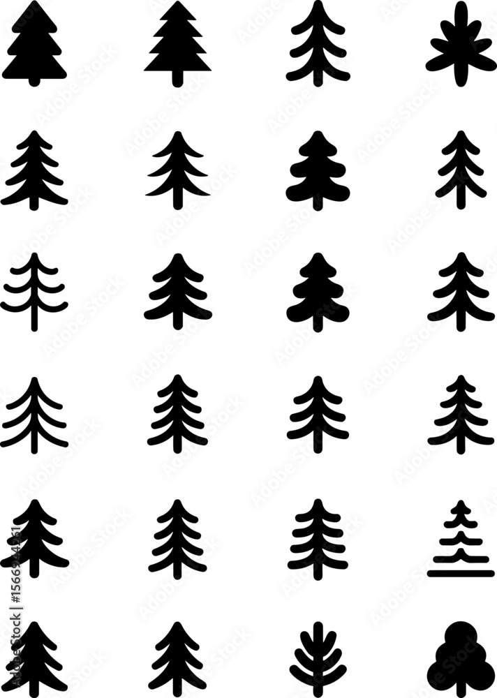Obraz premium Pine Tree and Christmas Tree Icons Set – Minimalist Black Silhouette Vector Collection