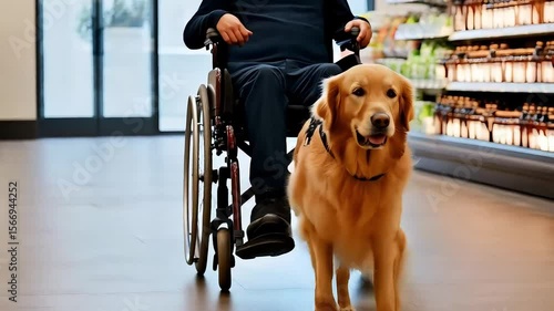 Golden retriever dog helping disabled owner in wheelchair shopping groceries in supermarket