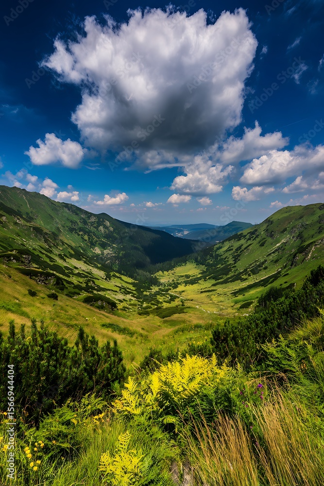 Fototapeta premium Mountain valley scene under a vibrant blue sky.