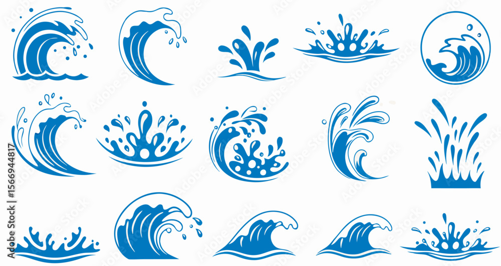 Naklejka premium Blue Ocean Wave Icons: Set of Water Splash and Curve Illustrations