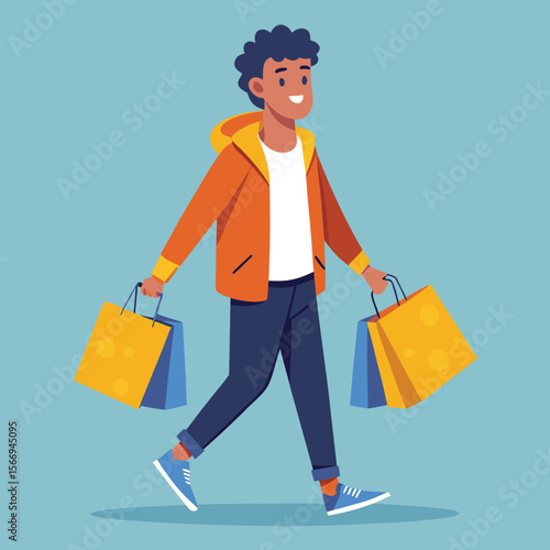Happy young man walking with shopping bags after purchasing goods illustration