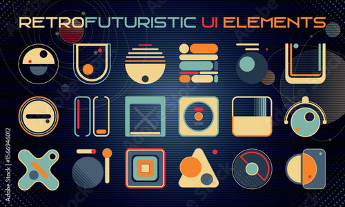 Retro futuristic cosmic illustration set. Game Interfase elements for HUD in retrofuturism style. Good for retro posters, flyers, interfaces. Vector Illustration. EPS10