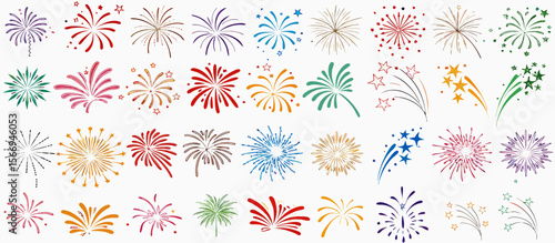 Colorful Fireworks Collection: 36 Hand-Drawn Explosions