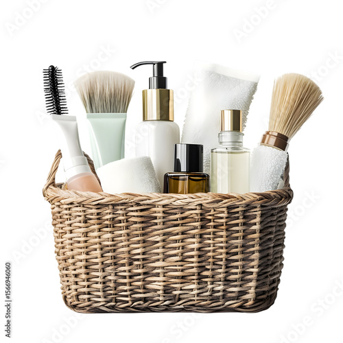 Wicker basket filled with assorted grooming and skincare products isolated on transparent background