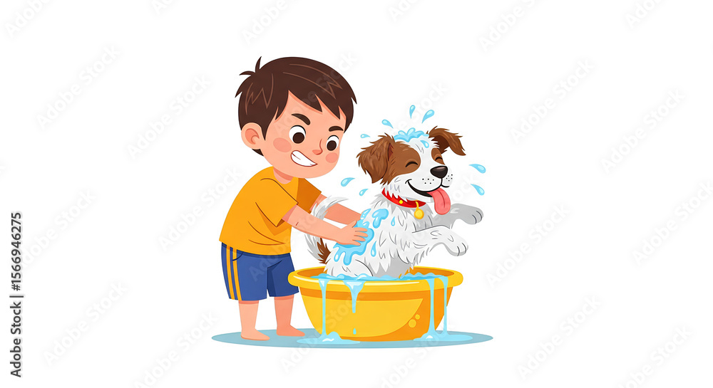 Happy boy is bathing a smiling dog in a yellow tub, creating a cheerful and playful scene perfect for illustrating pet care and childhood joy. Happy boy is bathing a smiling dog in a yellow tub, creating a cheerful and playful scene perfect for illustrating pet care and childhood joy.