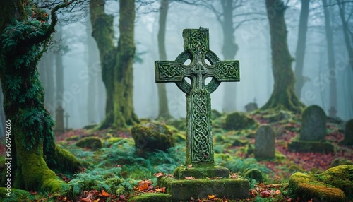 Ancient Celtic gravesite with unmarked gravestones in the middle of a forest in rural Scotland. Generative AI