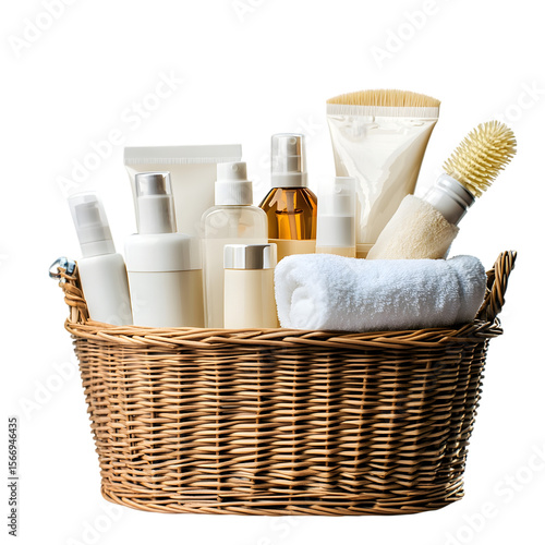 Wicker basket filled with assorted skincare products and a rolled towel isolated on transparent background