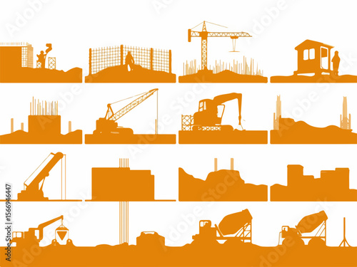Collection of orange construction site scenes showing building development with cranes excavators workers and concrete mixers in a graphic silhouette style