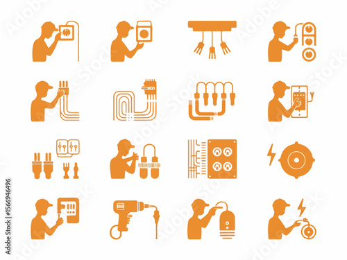 Collection of electrical work icons showing electricians performing various tasks like wiring installation connecting cables using tools and working with electrical panels and devices silhouette