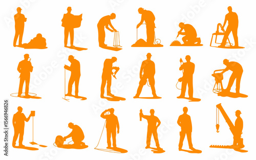 Collection of orange construction worker silhouettes engaged in various manual labor and operating machinery on a white background silhouette