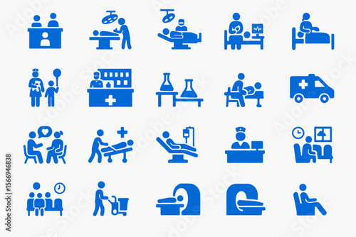 Collection of blue medical icons representing various healthcare services and patient care scenarios in a clean silhouette style