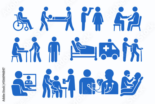 Collection of blue medical healthcare icons depicting patient care doctor visits ambulance and elderly assistance in a clean silhouette style