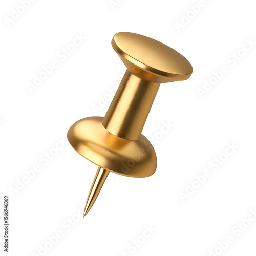 Shiny golden thumbtack with sharp pin isolated on transparent background