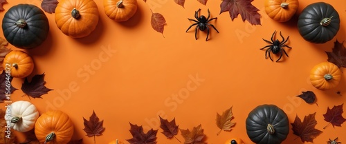 Halloween Flat Lay with Pumpkins, Spiders, and Autumn Leaves on Orange Background.