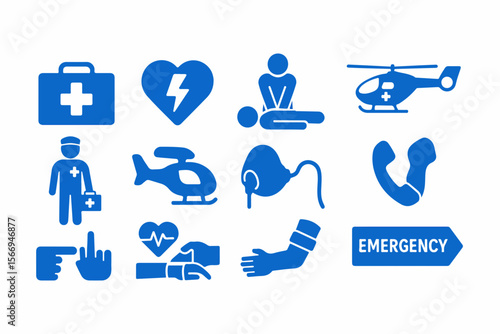 Collection of medical emergency icons including a first aid kit doctor helicopter defibrillator cpr oxygen mask phone and emergency sign silhouette