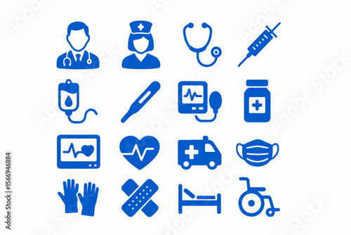 A comprehensive medical icon set features vector illustrations of health, hospital, and doctor symbols for web and business design