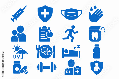 Collection of blue healthcare and wellness icons including a syringe medical shield face mask hand washing healthy eating running sleeping dental care sun protection and doctor silhouette