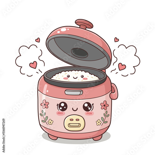 Adorable Kawaii Rice Cooker Illustration Cute Cartoon Rice Cooker with Perfectly Cooked Rice