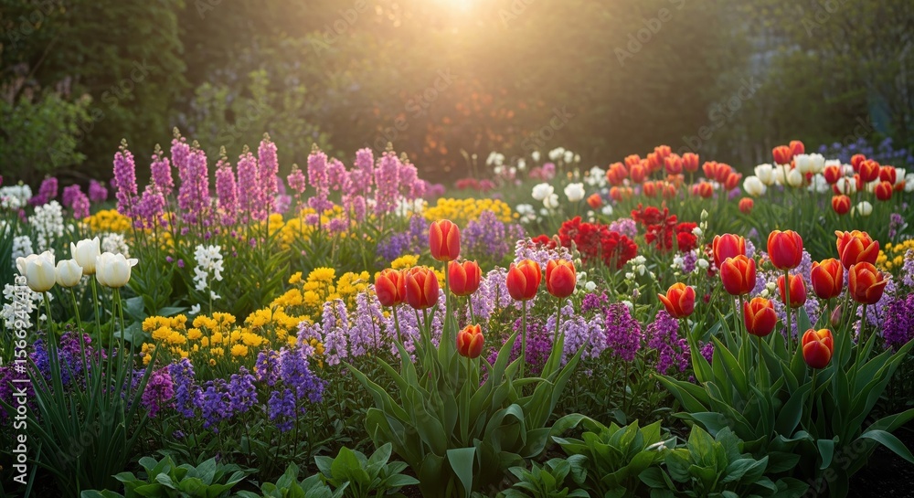 Obraz premium Vibrant Spring Garden at Sunset with Tulips and Lupines
