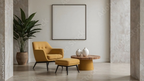 Wallpaper Mural Mustard Armchair with Ottoman in Minimalist Living Space – Japandi-Modern Interior Design Torontodigital.ca