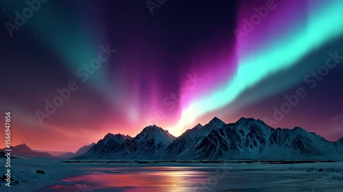 Colorful aurora borealis glows above snowy mountain range and frozen lake starry night sky, creating magical and tranquil winter landscape with northern lights, snow, mountain, winter, star, sky
